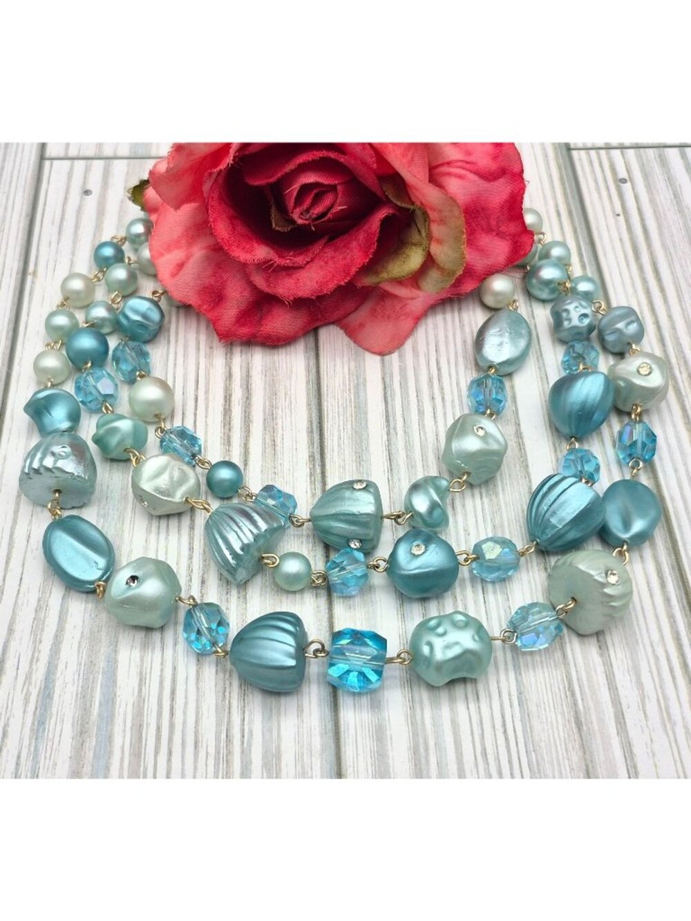 VTG Aqua Blue Beads & Crystals Multistrand Collar Necklace Japan Beach Mermaid